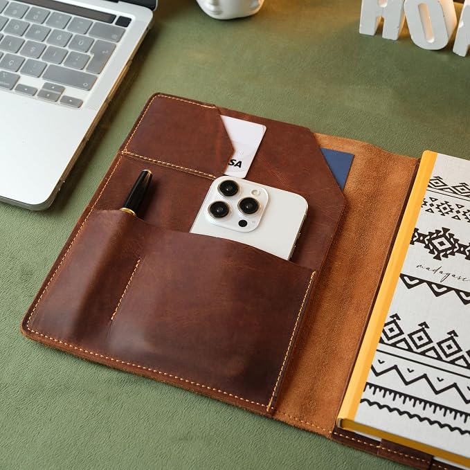 COZY LEATHER Custom Leather Portfolio, Leather Padfolio, Portfolio Folder, A5 Padfolio for Women, Notebook Cover, Gift 8.5"x7" (Brown)
