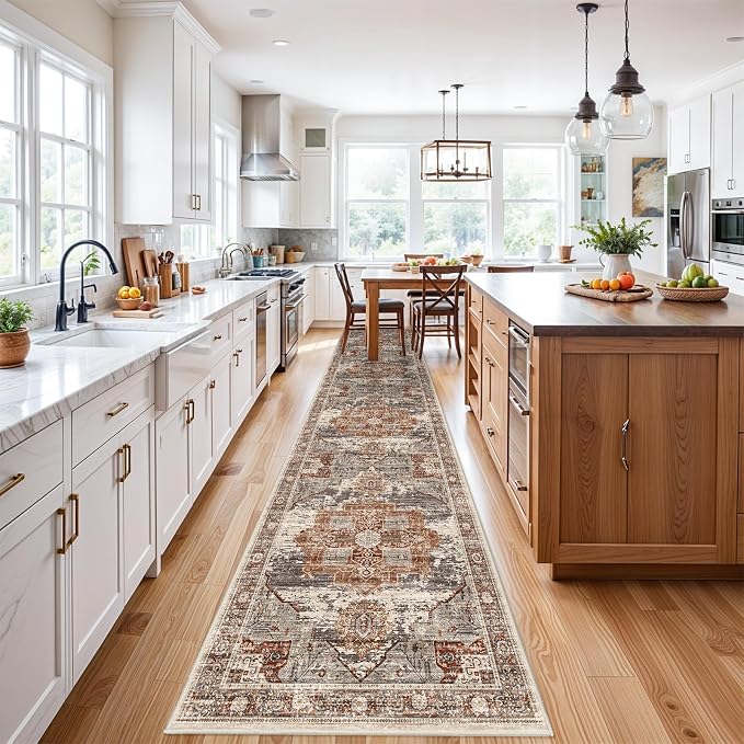 RUUGME Washable 3X14 Runner Rugs - Large Boho Rugs for Living Room Stain Resistant Carpet Vintage Tribal Rugs for Bedroom Kitchen Bathroom Non Slip Backing Home Decor Floor Decoration Mat 3X14 Brick