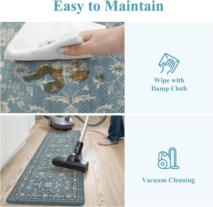 KIMODE Kitchen Floor Mat Anti Fatigue, Cushioned Kitchen Rug 2 Piece | Blue,Memory Foam Kitchen Mat for Floor Cushioned ,Boho Vintage Floral Kitchen Rug Non Slip for Laundry Sink Office Home Decor