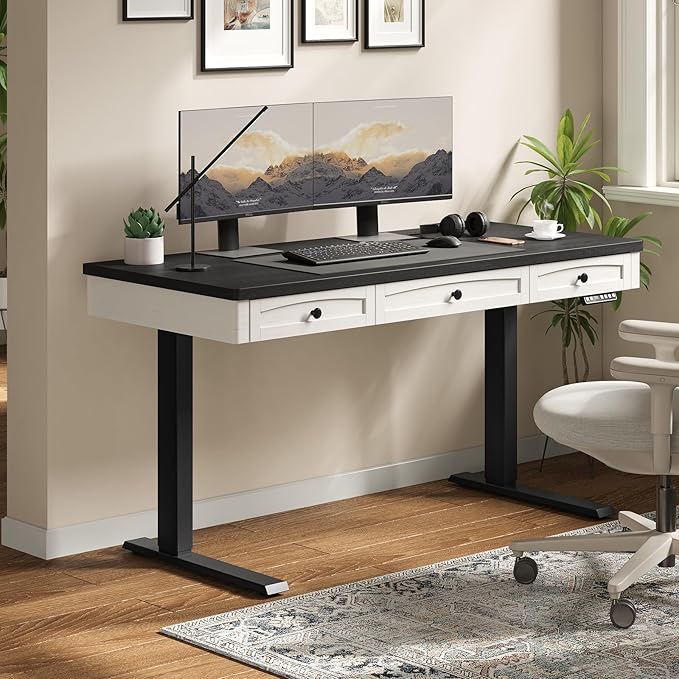 ONBRILL Standing Desk with 3 Drawers, 63 x 24 Inch Electric Height Adjustable Desk with Storage & Outlets, for Computer Workstation, Home Office, Retro Curved Table Corner & Drawers, Black