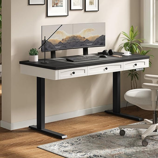 ONBRILL Standing Desk with 3 Drawers, 63 x 24 Inch Electric Height Adjustable Desk with Storage & Outlets, for Computer Workstation, Home Office, Retro Curved Table Corner & Drawers, Black