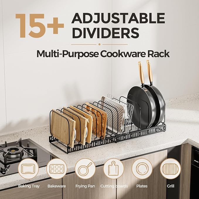 MUDEELA Expandable Cutting Board Organizer Pot Lids Rack 15 Dividers 1-Pack | Expandable Pots and Pans Organizer under Cabinet, 15 Adjustable Dividers, Fits Bakeware Cookie Sheet Baking Tray Muffin Tin