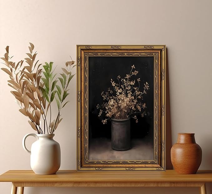 Vintage Gold Framed Wall Art Fall Dried Flowers Antique Vase Country Oil Painting Canvas Prints Dark Moody Rustic Still Life Picture Gothic Victorian Botanical Poster Artwork for Bedroom, 12x16in