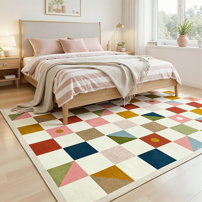 Terrug Multicolored Geometric Checkered Rug for Living Room, 5x7 Area Rugs Washable with Non Slip for Bedroom, Soft Low Pile Stain Resistance Carpet for Dinning Room