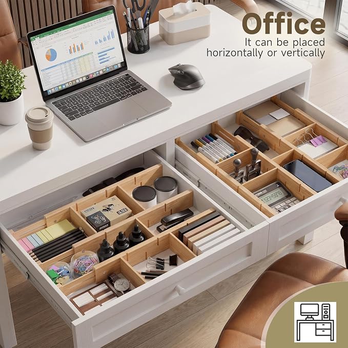 Bamboo Drawer Dividers, Expandable Kitchen Drawer Organizer | Include 8 Dividers, 8 Small Inserts and 8 Medium Inserts for Home, Office, Dressers