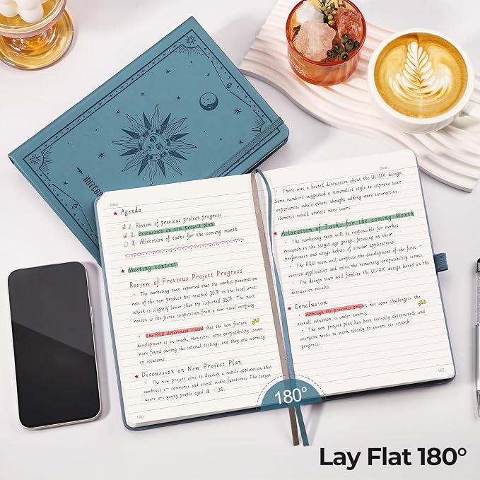 EMSHOI A5 College Ruled Notebook, 320 Numbered Pages 100GSM Ink-Proof Faux Leather Hardcover Lay-Flat Lined Journal for Work Office School Writing, SUN Design, Small 5.75" x 8.38", Light Blue