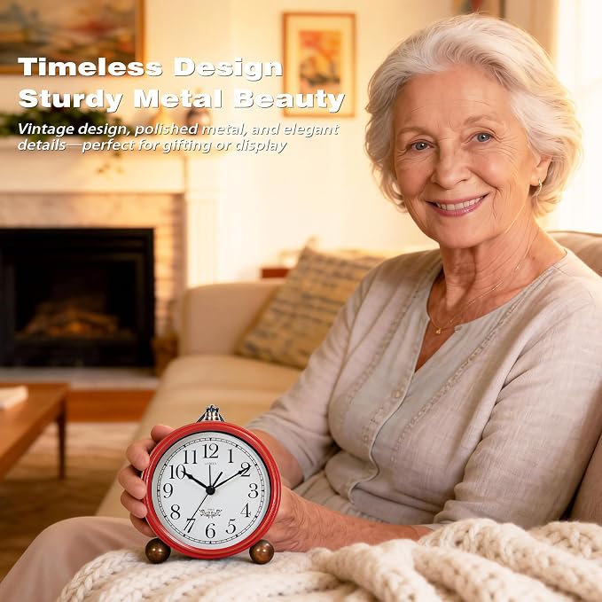 AYRELY® 5.3" Vintage Metal Analog Alarm Clock, Retro Desk and Table Clock | Antique Battery Operated Clock with Light, Elegant Bedside Gift for Bedrooms, Living Rooms, Shellf and Home Decor (Red-White)