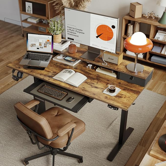 Agilestic Electric Standing Desk with 2 Drawers and Keyboard Tray, 48 x 23 Inches Ergonomic Adjustable Height Desk with Storage, Sit Stand Computer Workstation, Rustic Brown