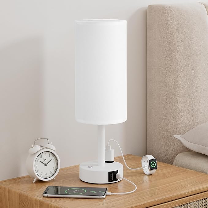 Touch Bedside Table Lamp with Memory - Stepless Dimmable Lamp for Bedroom, Small Nightstand Lamp with Dual USB Charging Ports and AC Outlet, Wood Night Light, Desk Lamp for Nursery (White & White)