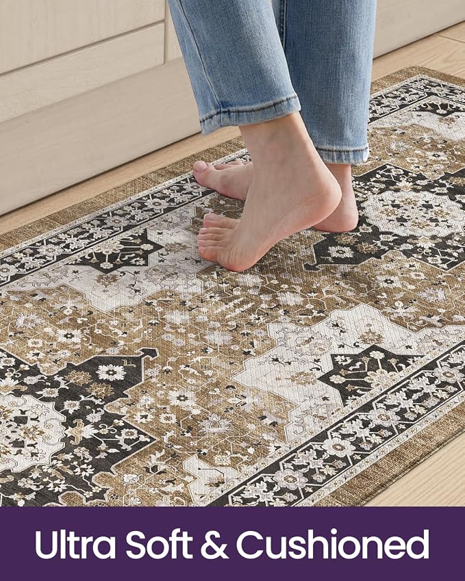 DEXI Kitchen Floor Mats Cushioned Anti Fatigue, 23x107 Long Wide Standing Comfort Runner Rug, Waterproof Retro Floral Memory Foam Padded for Front Sink Laundry, Brown/White