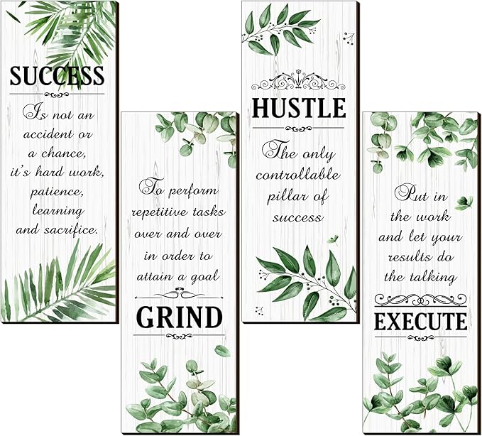 Honoson 4 Pcs Inspirational Office Wall Decor Motivational Rustic Wall Art Inspirational Hanging Wooden Plaques Sayings Motivational Quote Signs for Office Bedroom Living Room