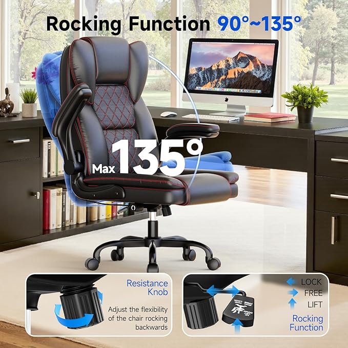 naspaluro Ergonomic Office Chair, Executive PU Leather Chair, Computer Desk Chair with Adjustable Lumbar Support Flip-up Arms, Executive Task Chair, Office Chairs for Home Office, Big and Tall, Black