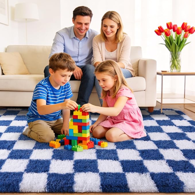 Area Rugs for Living Room Bedroom 8x10, Ultra Fluffy Shag Checkered Rug Modern Washable Carpet Soft Shaggy Non Slip Indoor Plush Fuzzy Rugs for Bedroom Dorm Office Home Aesthetic Decor, Navy and White