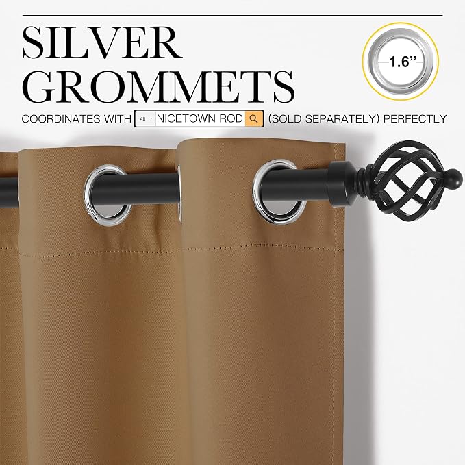 NICETOWN Blackout Curtain 57 inch Length, W55 x L57 Inch, Gold Brown, 8 Grommets Top, 1 Piece, Thermal Insulated Modern Window Treatment Soundproof Drape Panel for Bedroom/Living Room