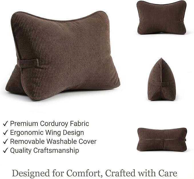 Pat. Pend. Corduroy Lumbar Support Pillow for Recliner, Sitting & Relaxing, Triangle Cushion for Sofa, Couch or Bed, Reading Pillow with Removable Washable Cover, Chocolate