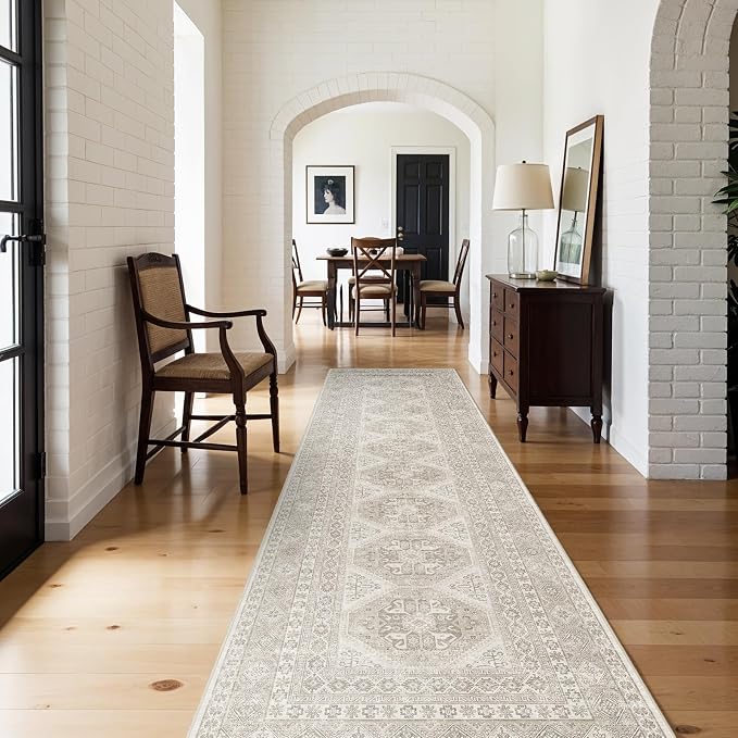 3x12 Runner Rug Kitchen Washable:Oriental Indoor Hallway Runners with Non Slip Backing Floor Mat for Entryway Door Low Pile Thin Carpet for Bedroom Bathroom Living Room Bedside (Beige, 3x12)