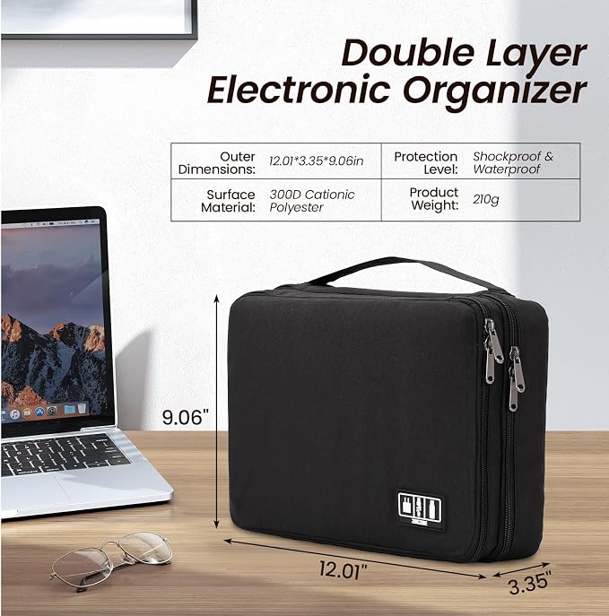 Large Electronic Organizer Travel Case, Double Layer Tech Accessories Bag with 3 DIY Adjustable Dividers, Waterproof Padded Cable Storage Pouch for Camera Gear, Power Bank, Hard Drive, Mouse