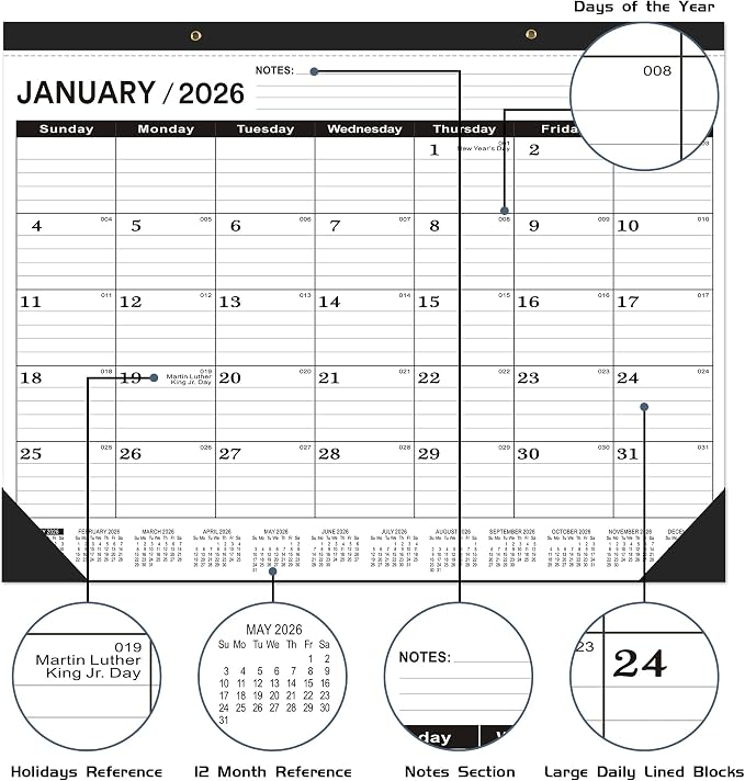 Desk Calendar 2026(January 2026 - June 2027)，2026 Desk Calendar Large 22 x17，2026 Calendar,Classic Black,Large Calendar 2026-2027 with Plastic Cover