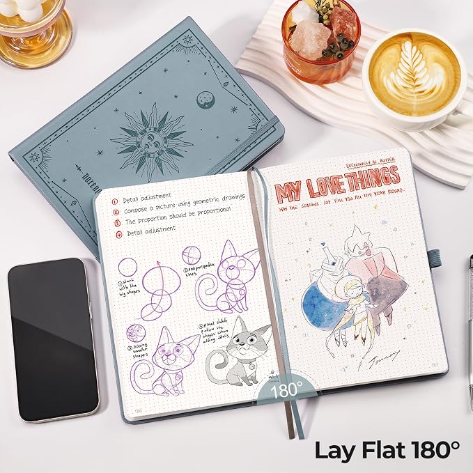 EMSHOI Dotted Journal Notebook, 320 Pages, A5 Small 5.75"x8.38", PU Leather Hardcover, 100 GSM Thick Paper, 5mm Dot Grid Notebook for Journaling, Planning, Drawing, Writing, Gray Blue