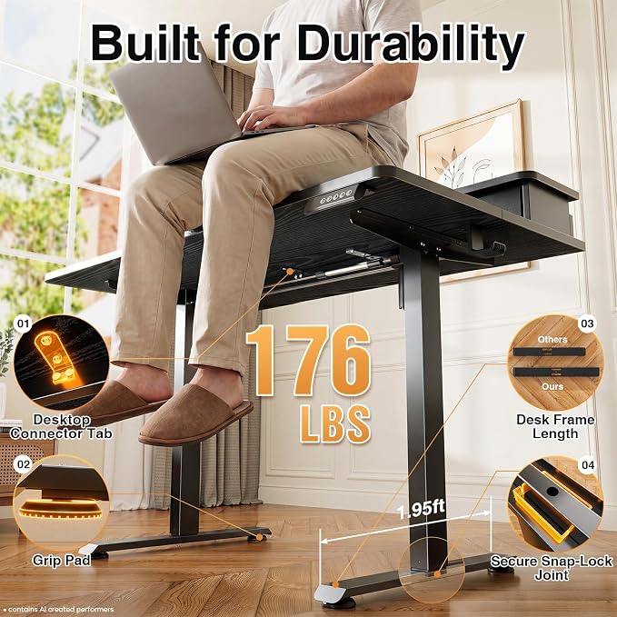 Veken 47x28 in Electric Standing Desk with Drawers, Adjustable Table, Black | Stand up Computer Desk for Home Office, Work & Study, with Storage, 3 Memory Presets, Cable Organizer, Hook, and Quiet Lift.