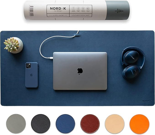 Nordik Leather Desk Mat Cable Organizer (Midnight Blue 35 x 17 inch) Premium Extended Mouse Mat for Home Office Accessories - Felt Vegan Large Leather Desk Pad Protector & Desk Blotter Pads Decor