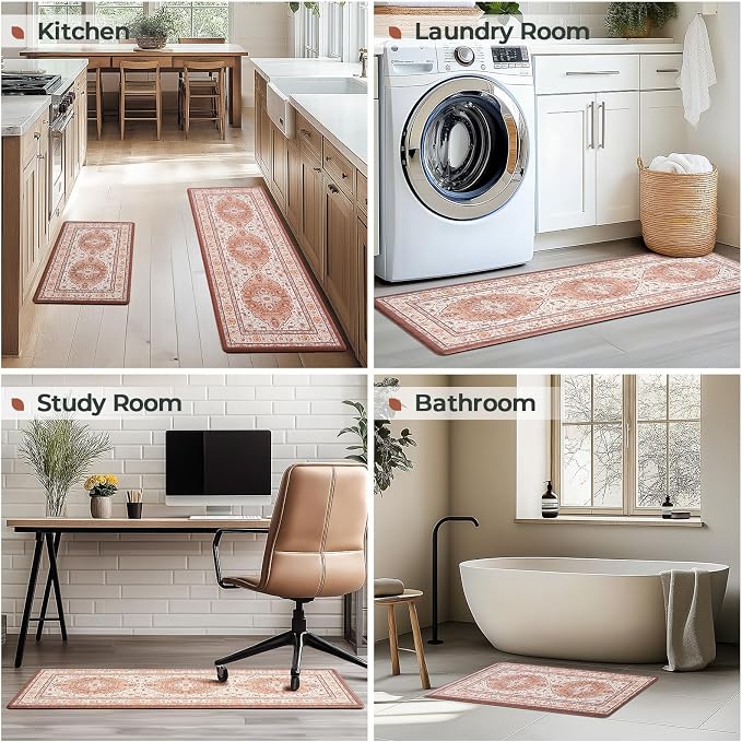 FRESHMINT Medallion Kitchen Mat Set 2 Piece, 17x30''+17x47'', Neutral Clay | Anti-Fatigue, Non Slip, Comfort, Kitchen Decor, Easy to Clean, Waterproof, Perfect for Kitchen, Laundry, Office