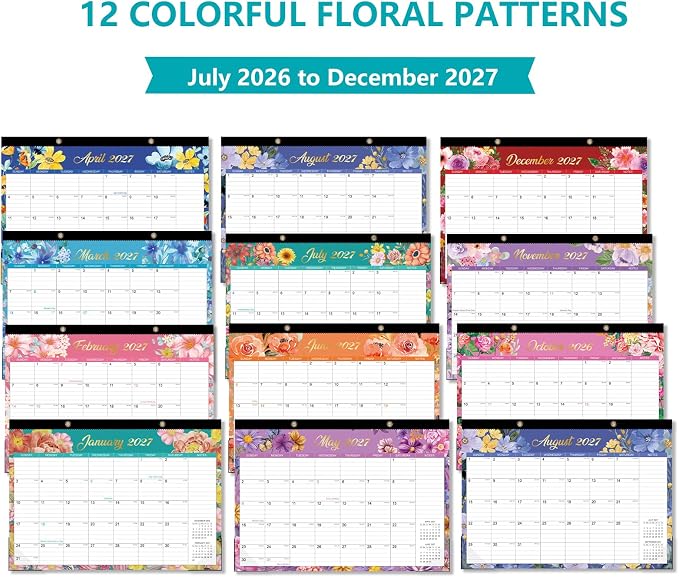 Desk Calendar 2026-2027 - 18 Month Desk Calendar july 2026-2027 Dec, 17" x 12", Large Monthly Desktop Calendar with Plastic Cover, Thick Paper, Corner Protectors - Floral (2 Stickers Included)