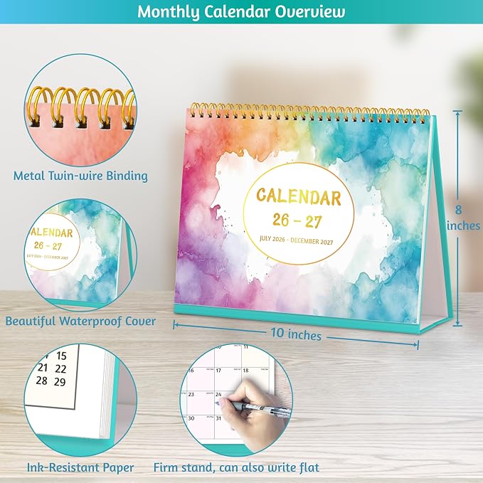 Desk Calendar 2026-2027 - Standing Flip Desktop Calendar 2026-2027, 18 Months Jul 2026 - Dec 2027, 10" x 8", Large with Notes, To-Do, Yearly Overview, Thick Paper, Great for Easy Planning - Multicolor