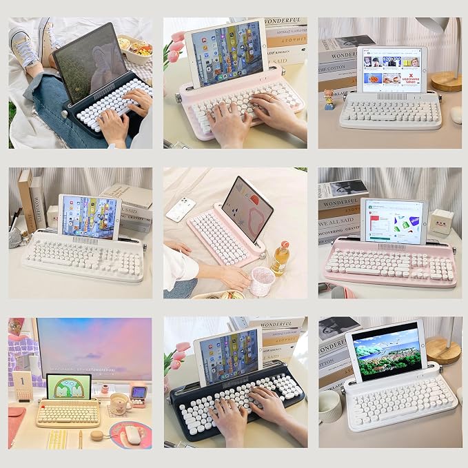 YUNZII ACTTO B303 Wireless Keyboard, Retro Bluetooth Aesthetic Typewriter Style Keyboard with Integrated Stand for Multi-Device (Snow White, B303)