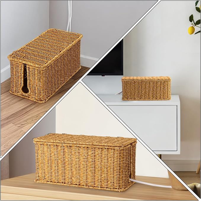 ZhiYo Rattan Cable Management Box, Cord Organizer, Nature, 12.5"x5"x5.2"