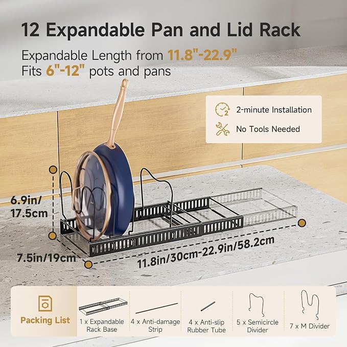 MUDEELA Pot Lid Organizer for Cabinet, Expandable Baking Pan Rack 12 Slots | 11.8–22.9" Expandable, 12 Adjustable Divider, Tool-Free Assembly, Non-Slip, Scratch-Proof, For Pan Lid Cutting Board Bakeware