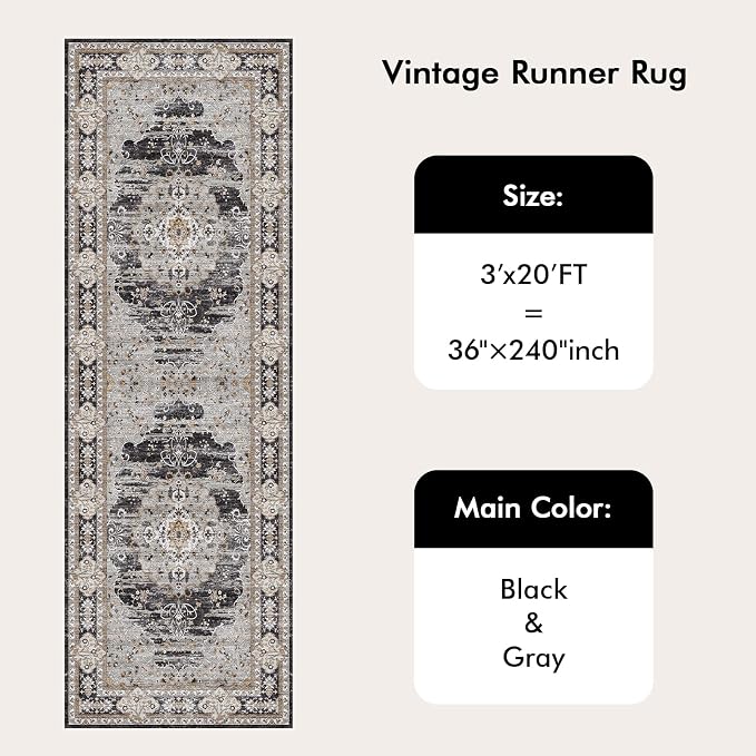 3x20 Runner Rug for Hallway Washable: Non Slip Kitchen Rugs with Rubber Backing Soft Waterproof Mats Stain Resistant Indoor Vintage Carpet Runner for Bedroom Bathroom Laundry Entryway Black/Gray