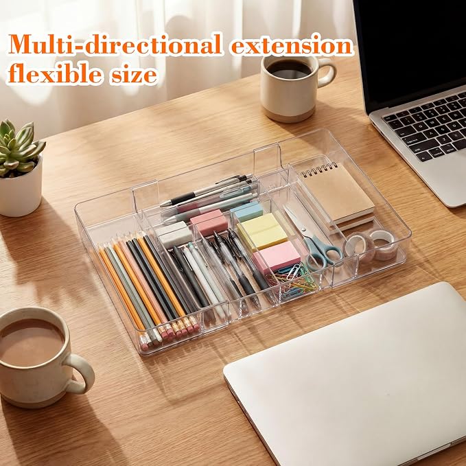 Briwooody 2 Pcs Large Expandable Acrylic Drawer Organizers, Grid Adjustable Drawer, Dividers Organizer for Desk, Makeup, Jewelry, Office, Kitchen Supplies (Clear,8 Compartments)