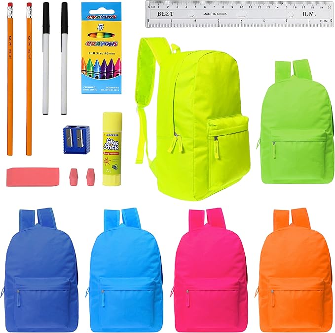 Moda West 17 Inch Bulk Backpacks with School Supplies Kits - Pens, Pencils, Crayons - Case of 12 Wholesale Backpacks Assorted Colors