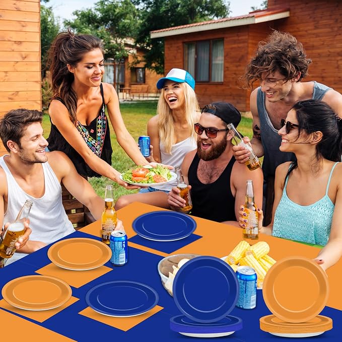 Blue and Orange Party Supplies Serves 24 Orange and Blue Decorations Party Paper Plates and Napkins Plastic War Birthday Tablecloth Dart Disposable Tableware Set for Baby Shower Graduation