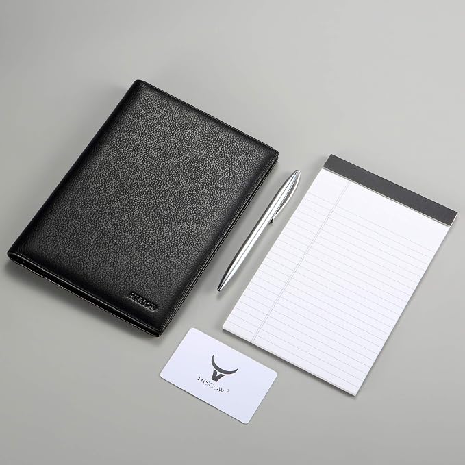 HISCOW Slim Leather Junior Padfolio, 5x8 Notepad Cover, Pebbled Black | Full-grain tumbled cowhide, top-loading legal pad holder, rigid pen loop, quick-access card slot, zipperless boardroom design