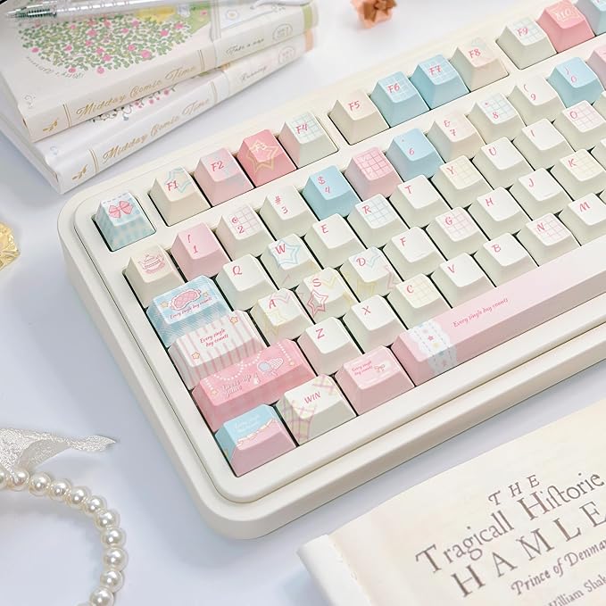 Blue Pink Gingham Keycaps 143 Keys, PBT Keycap Set Cherry Profile, Cute Custom Keycap, Dye-Sublimation Key Caps for Cherry MX Switches Mechanical Gaming Keyboard 60% 75% 100%