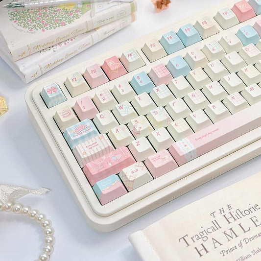 Blue Pink Gingham Keycaps 143 Keys, PBT Keycap Set Cherry Profile, Cute Custom Keycap, Dye-Sublimation Key Caps for Cherry MX Switches Mechanical Gaming Keyboard 60% 75% 100%