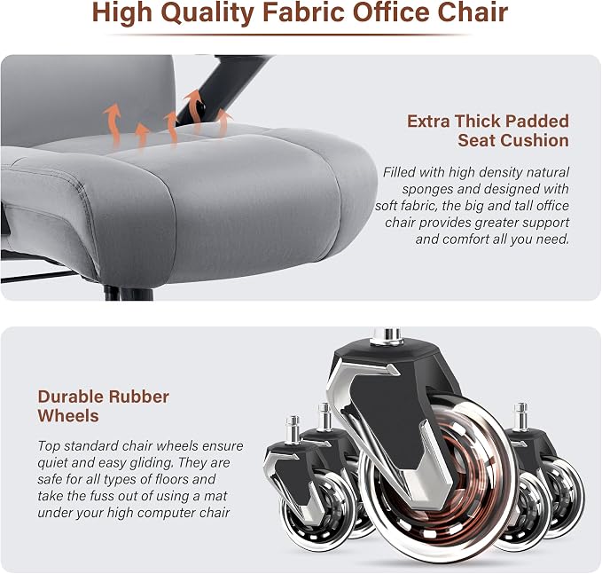Big and Tall Office Chair 700lbs, Fabric Heavy Duty Executive Desk Chair | 3D Flip Arms, Extra Wide, Upgraded Wheels, Adjustable Lumbar Support, Metal Base, Large Ultra-Soft Ergonomic Computer Chairs