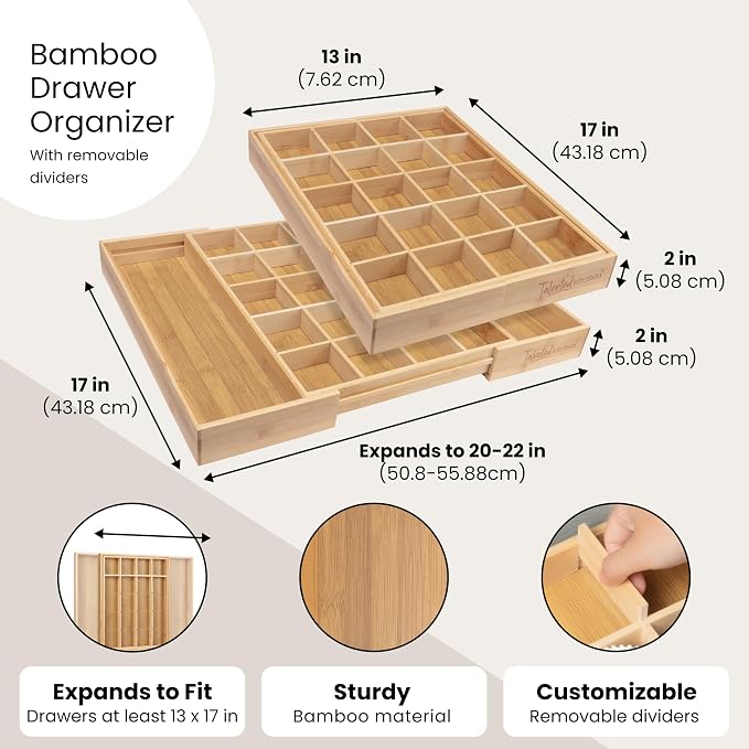 Talented Kitchen Expandable Silverware Drawer Organizer - Adjustable Bamboo Dividers for Cutlery & Utensils, Removable Sections, Space-Saving Kitchen Drawer Storage, Versatile, Durable, Natural Finish