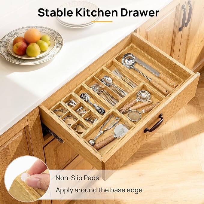 Vtopmart 7 Pack Bamboo Drawer Organizer Boxes, Junk Drawer Organizers | Natural Bamboo Storage Trays, Non-Slip Base, Kitchen Bathroom Office Vanity Drawers, Multi-Size Organizer Boxes, Makeup Tools