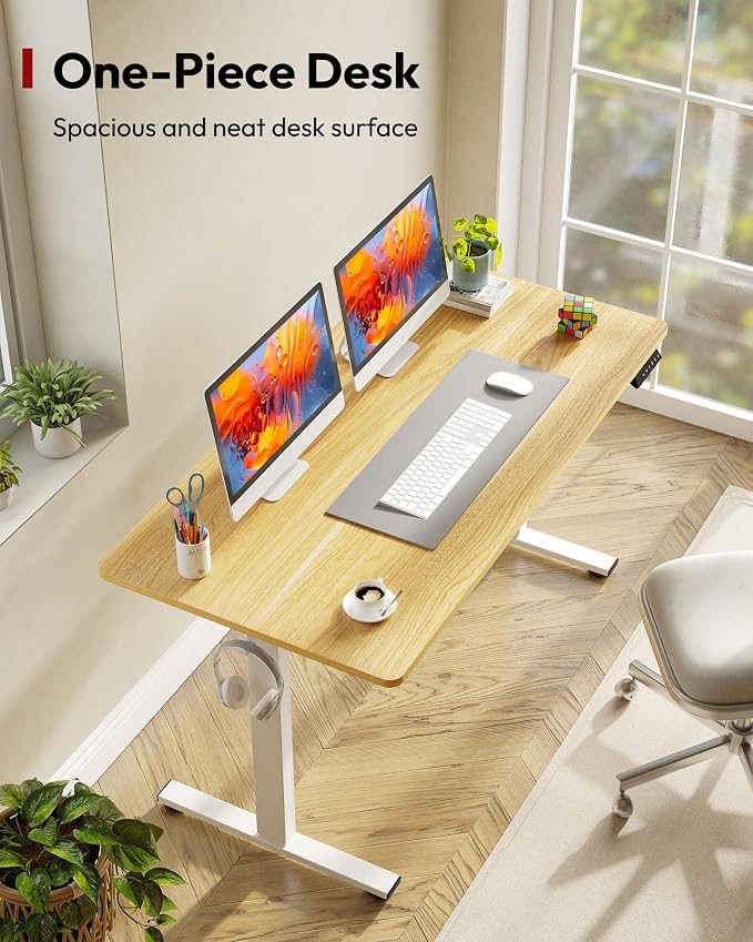SANODESK One-Piece Electric Standing Desk, Seamless 55 x 28'' Ergonomic Height Adjustable Sit Stand Desk with Memory Presets for Home Office Computer Workstation, White Frame/Natural Top