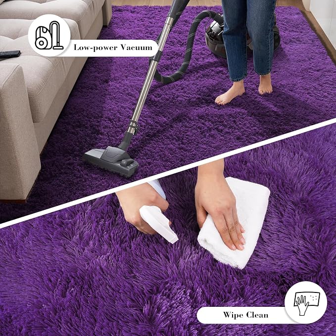 Purple Fluffy Rug Shag Area Rug, 4x6 Area Rugs for Girls Bedroom, Soft Play Mat, Indoor Floor Carpet for Teen, Preppy Dorm, Plush Aesthetic Bedside Rug