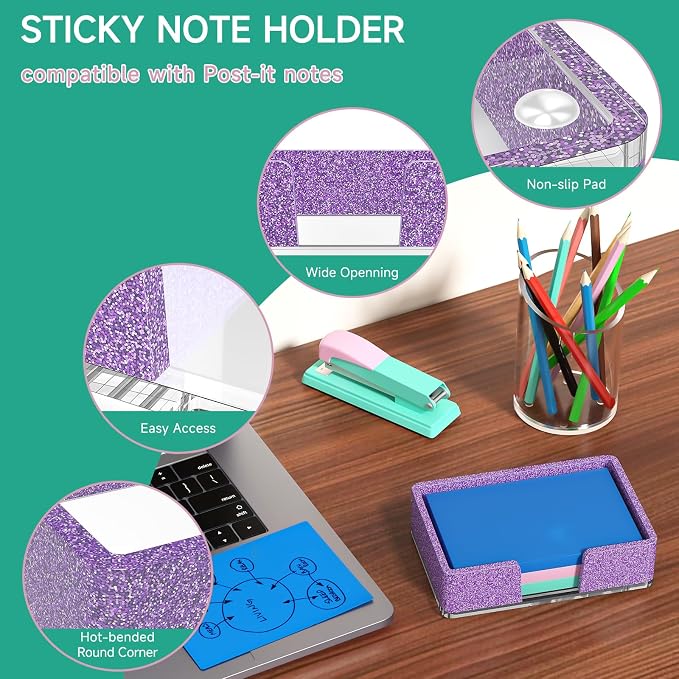 Sticky Note Holder, Glitter Purple Acrylic Notepad Holder 4x6 in Self-Stick Note Dispenser Office Desk Accessories, Memo Pad Holder Organizer for Classroom School Supplies