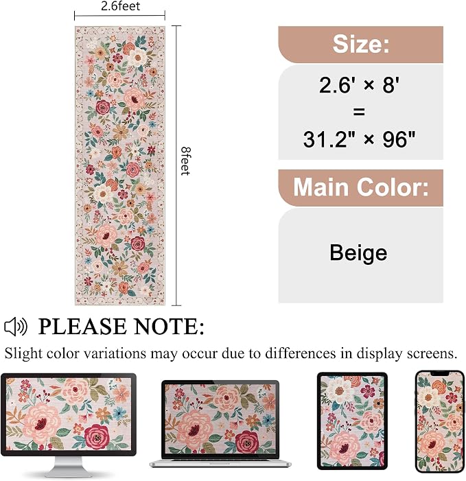 DUKINO Runner Rug, 2.6x8 Kitchen Runner Rug for Hallway with Non Slip Backing, Washable Low Pile Soft Boho Floral Carpet for Hallway, Kitchen, Entryway, Laundry, Bedroom, Beige