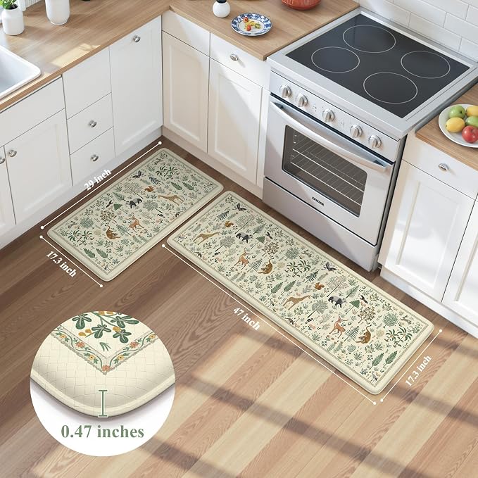 KIMODE Anti Fatigue Kitchen Mats for Floor,Cushioned Kitchen Rug Sets of 2 | Beige,Farmhouse Animal Forest Kitchen Rugs Non Slip,Memory Foam Padded Kitchen Standing Floor Mat for Laundry Sink Office
