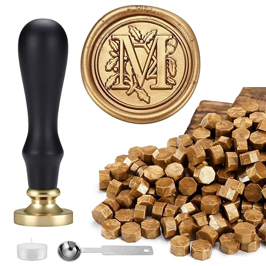 Yoption Traditional Initial Alphabet Wax Seal Stamp with 120 Antique Gold Wax Seal Beads Kit for Wedding Engagement Party Invitation Envelope Christmas Gift Wrap - Letter M