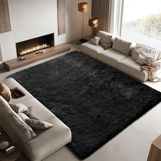 Area Rugs 10x14 Living Room, Shaggy Carpet Soft Plush Furry Bedside Rug Large Area Rugs for Bedroom Home Decor Anti Slip(10 x 14, Black)