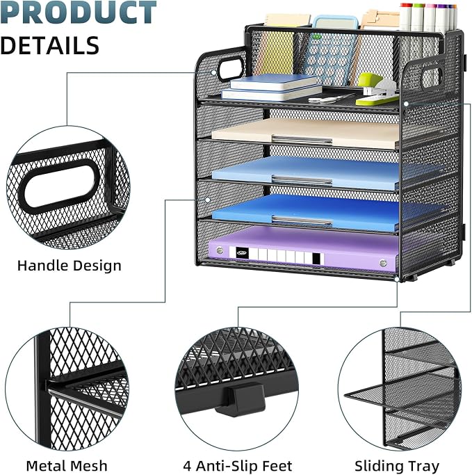 Marbrasse Paper Organizer, Mesh Desk Letter Tray with 3 Pen Holders,Black | Paper Sorter Desk Organizer for Letter/A4 Office File Folder Holder Home Office Supplies