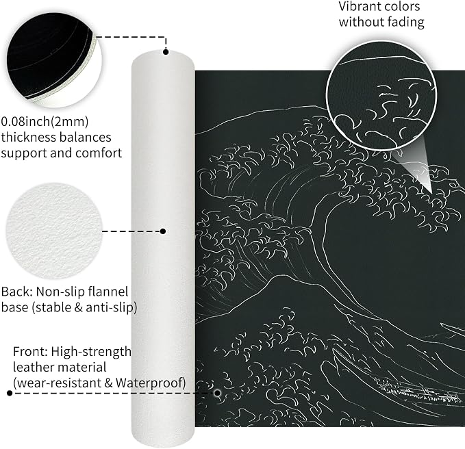 Japanese Gaming Mouse Pad Abstract Black Mouse Pad Clearance Overstock Limited Stock Discontinued Size 31.5x11.8 Inch Black Sea Wave Texture Non-Slip Keyboard Mouse Mat